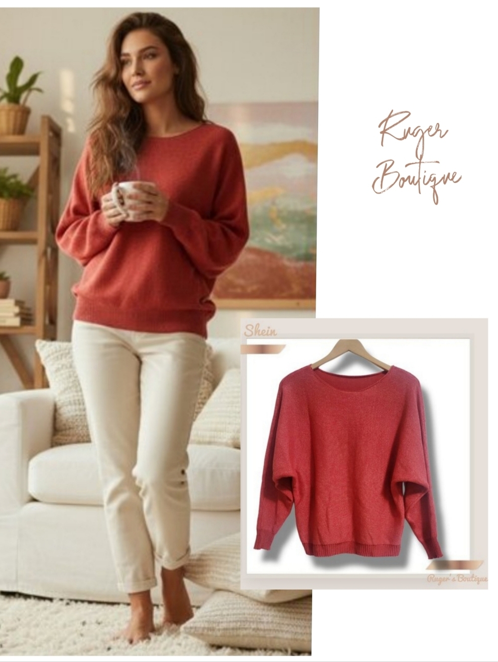 🌿Cozy & Chic Red Batwing Sleeve Top - Shein Medium
